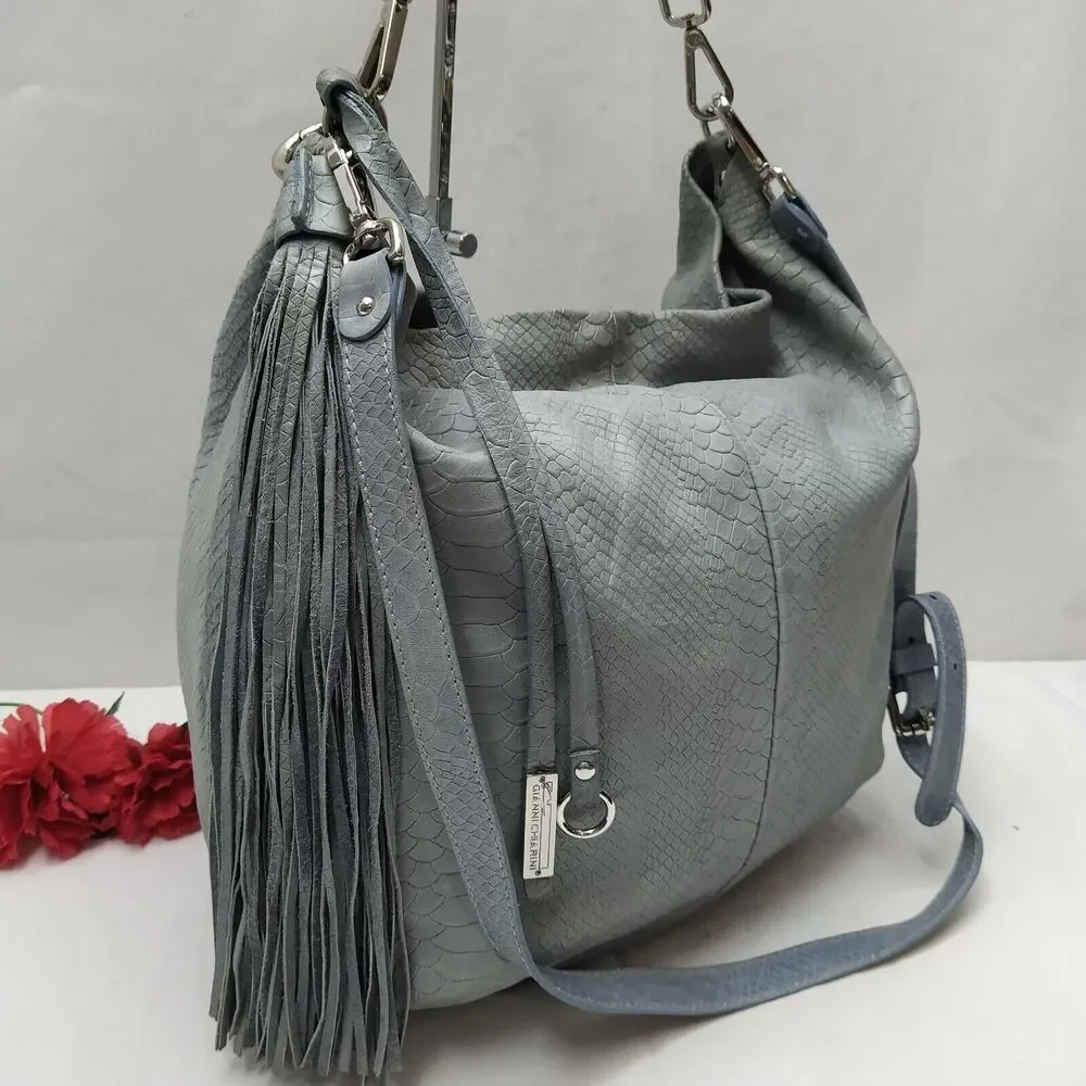 Gianni Chiarini Light Blue Leather Snakeskin Embossed Tassel Hobo Shoulder Bag